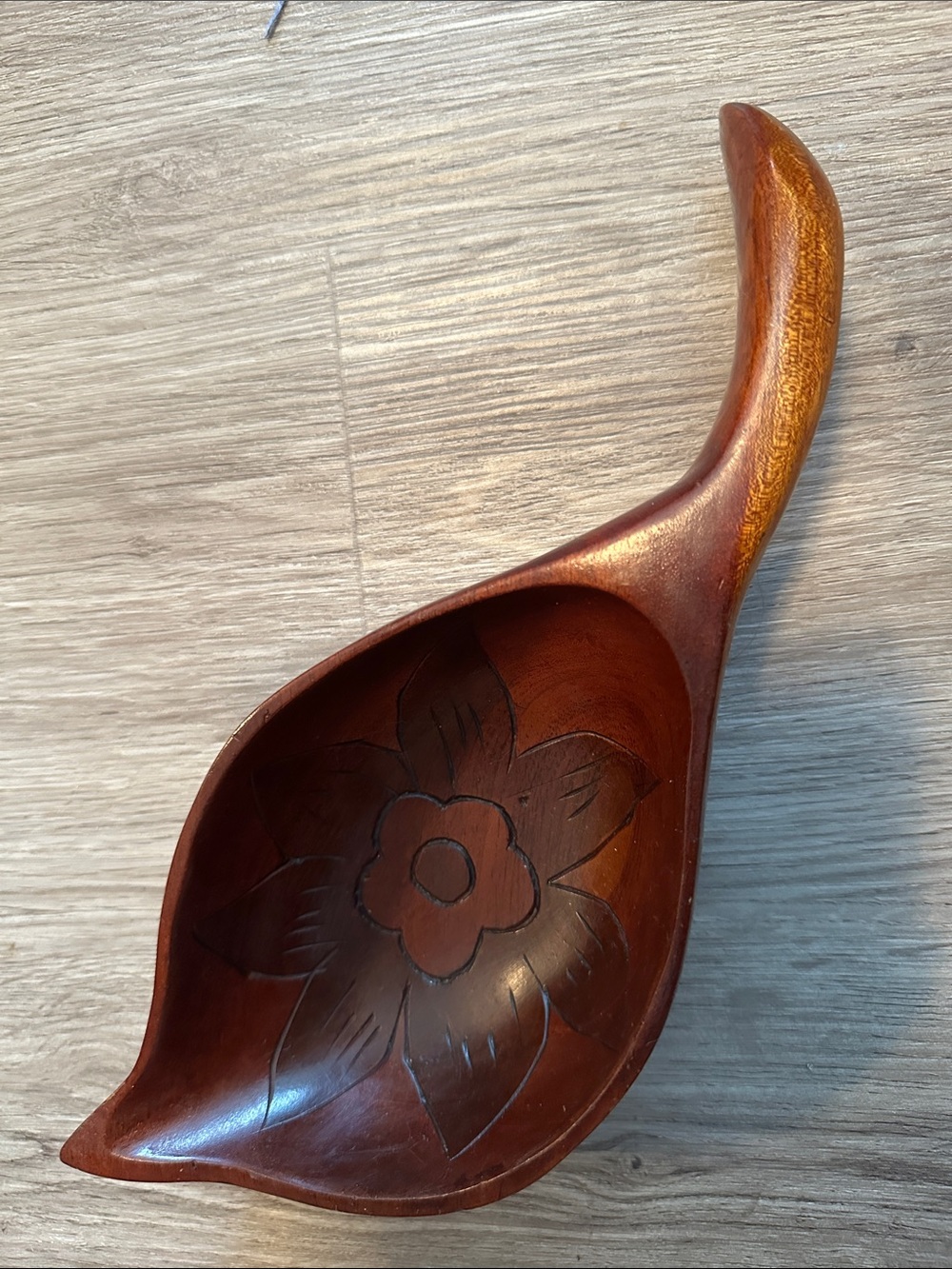Monkey Pod Leaf Shaped Bowl with Carved Flower
